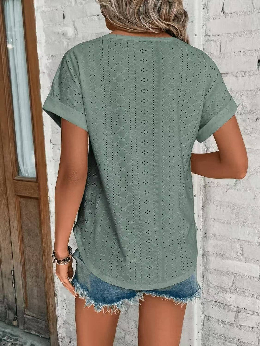Solid Eyelet Short Sleeve Tee Loose Fit Casual Top