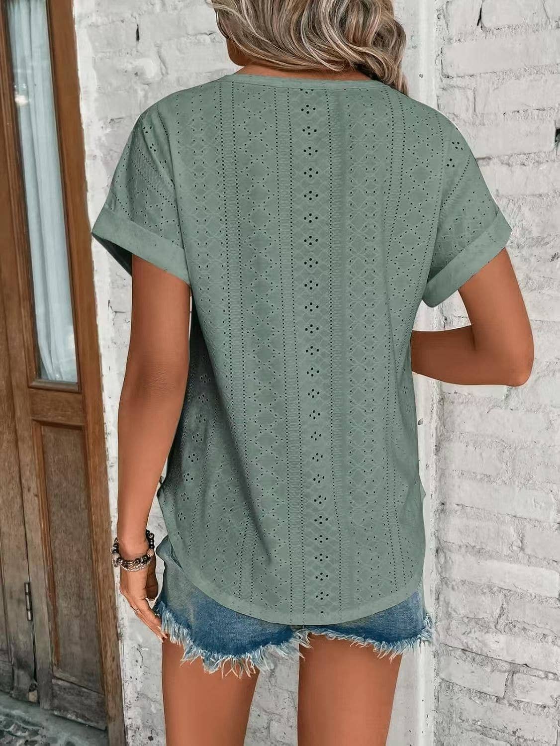 Solid Eyelet Short Sleeve Tee Loose Fit Casual Top