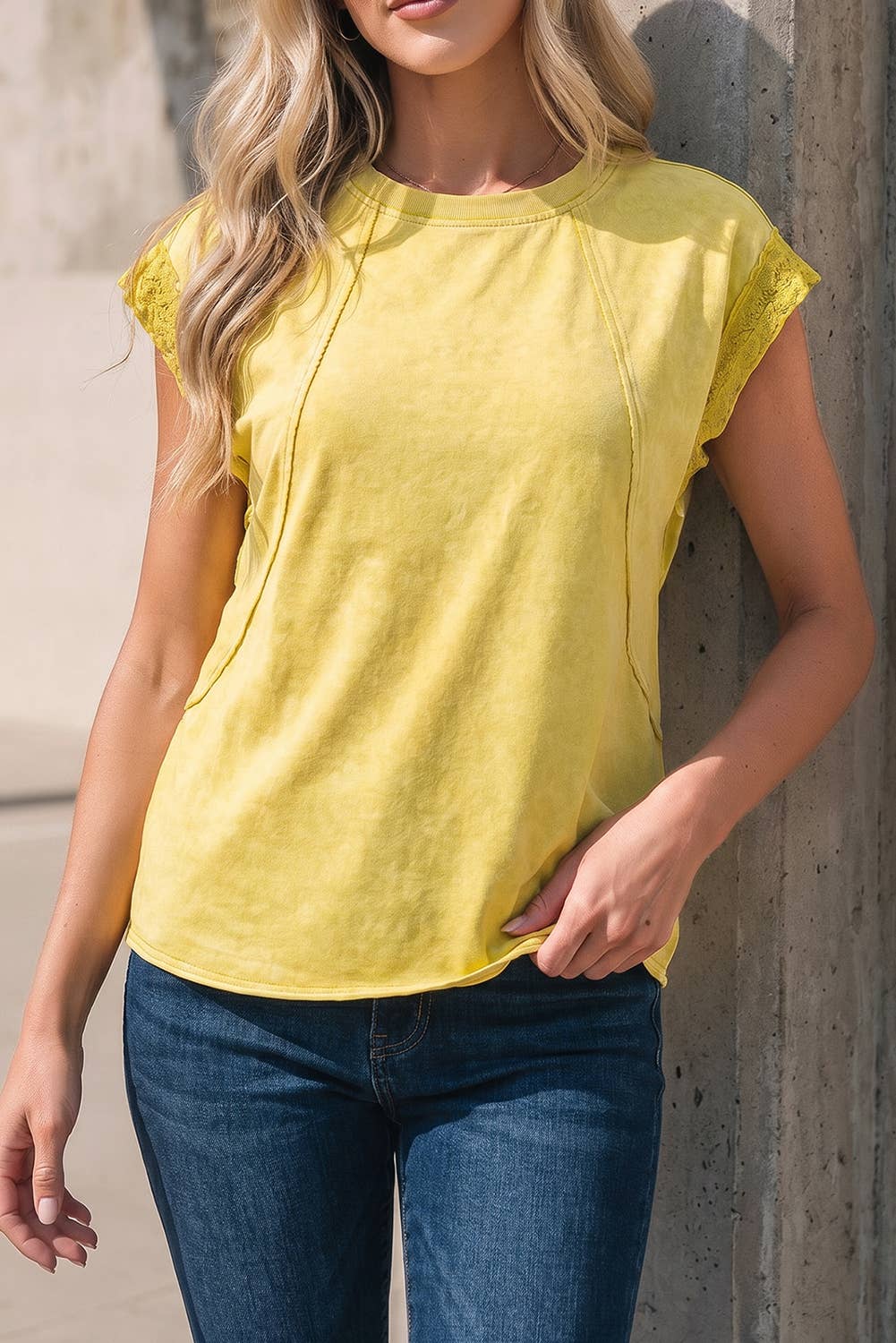 Solid Mineral Wash Raw Seam Detail Lace Trim Cap Sleeve Top