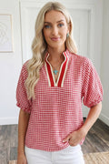 Gingham Short Sleeve Colorblock Trim Split Neck Top (S-XL)