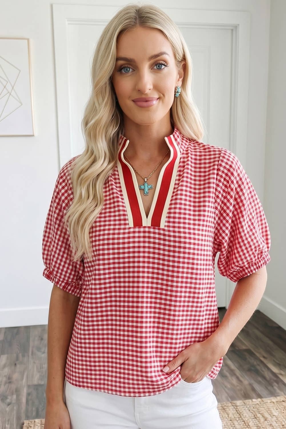 Gingham Short Sleeve Colorblock Trim Split Neck Top (S-XL)