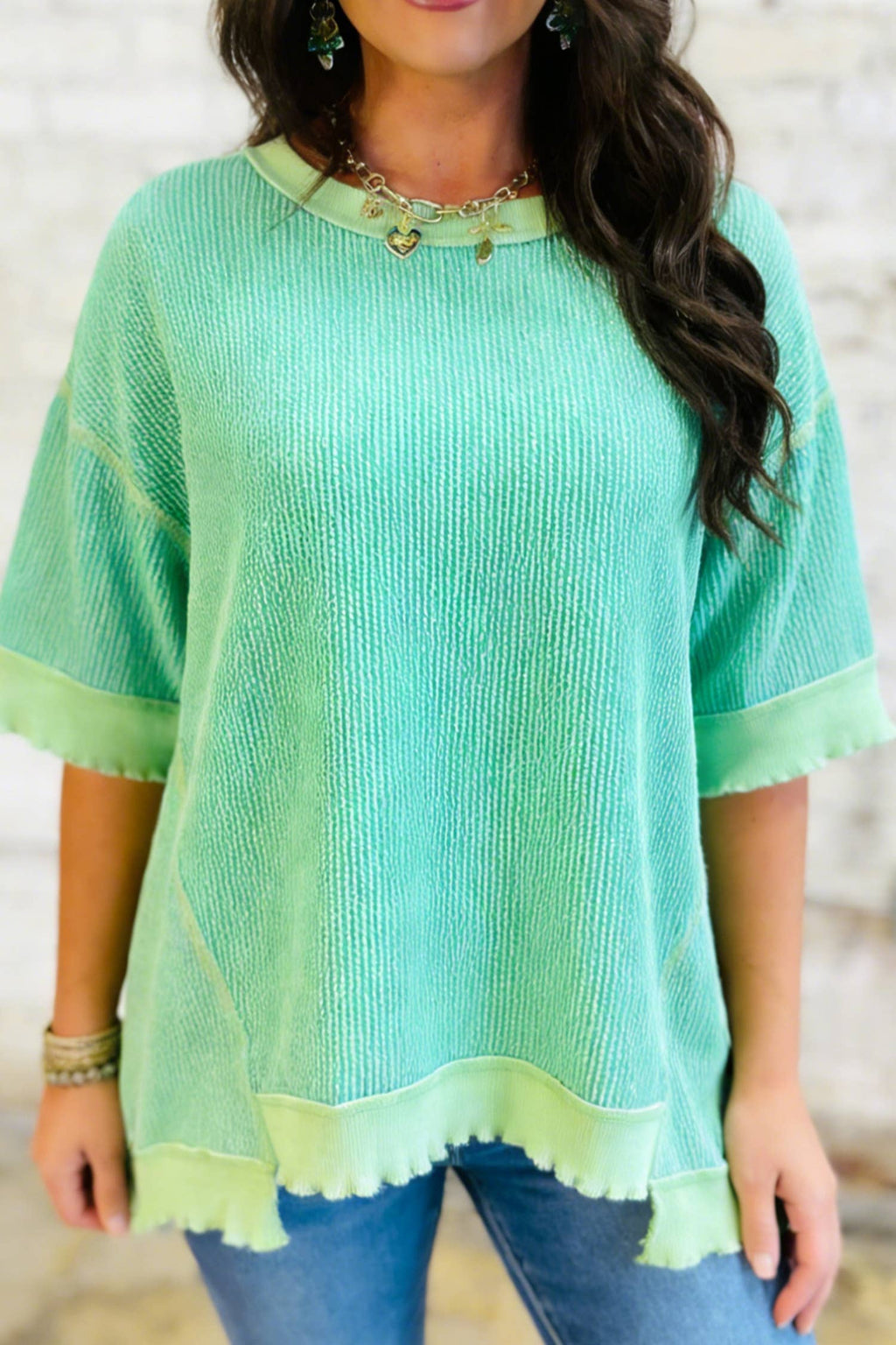 66 Sweetheart Hot Pink Lucky Distressed Knit Top (S-XL)