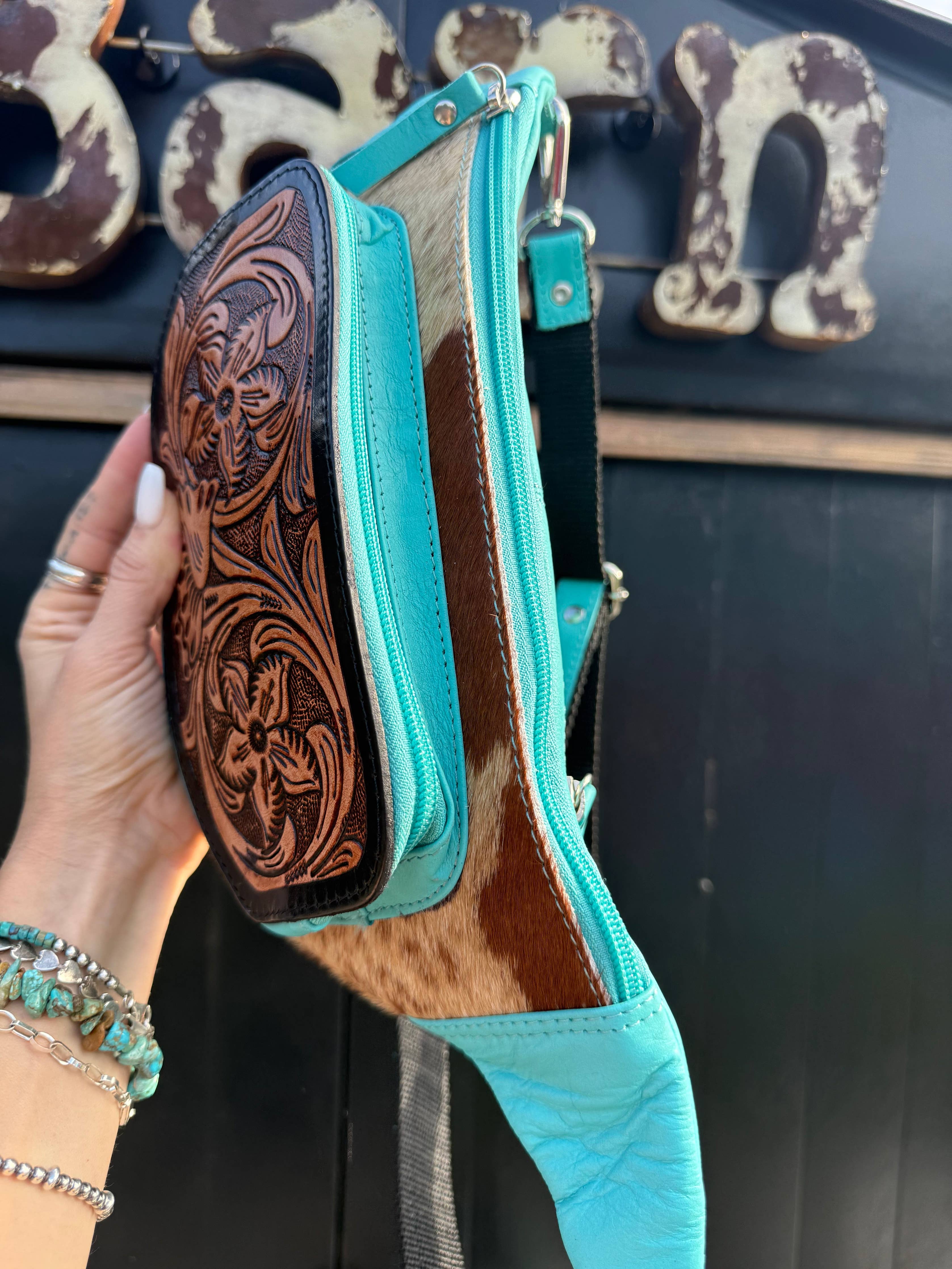 Coastline Carry Sling | Turquoise Tooled Cowhide