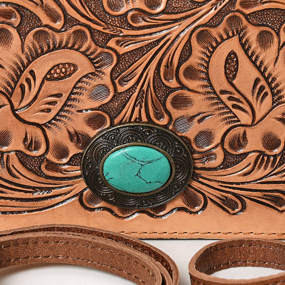Hand Tooled Floral Leather Western Organiser Bag with Concho