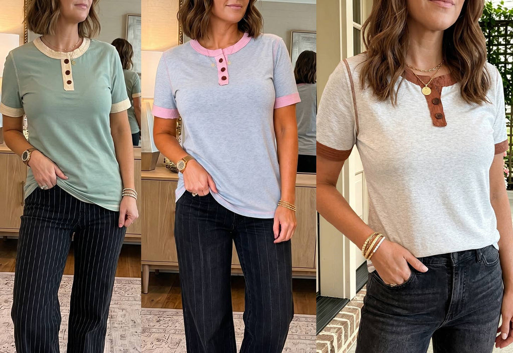 Plus Size Raw Seam Color Block Buttoned Henley Tee (S-4X)