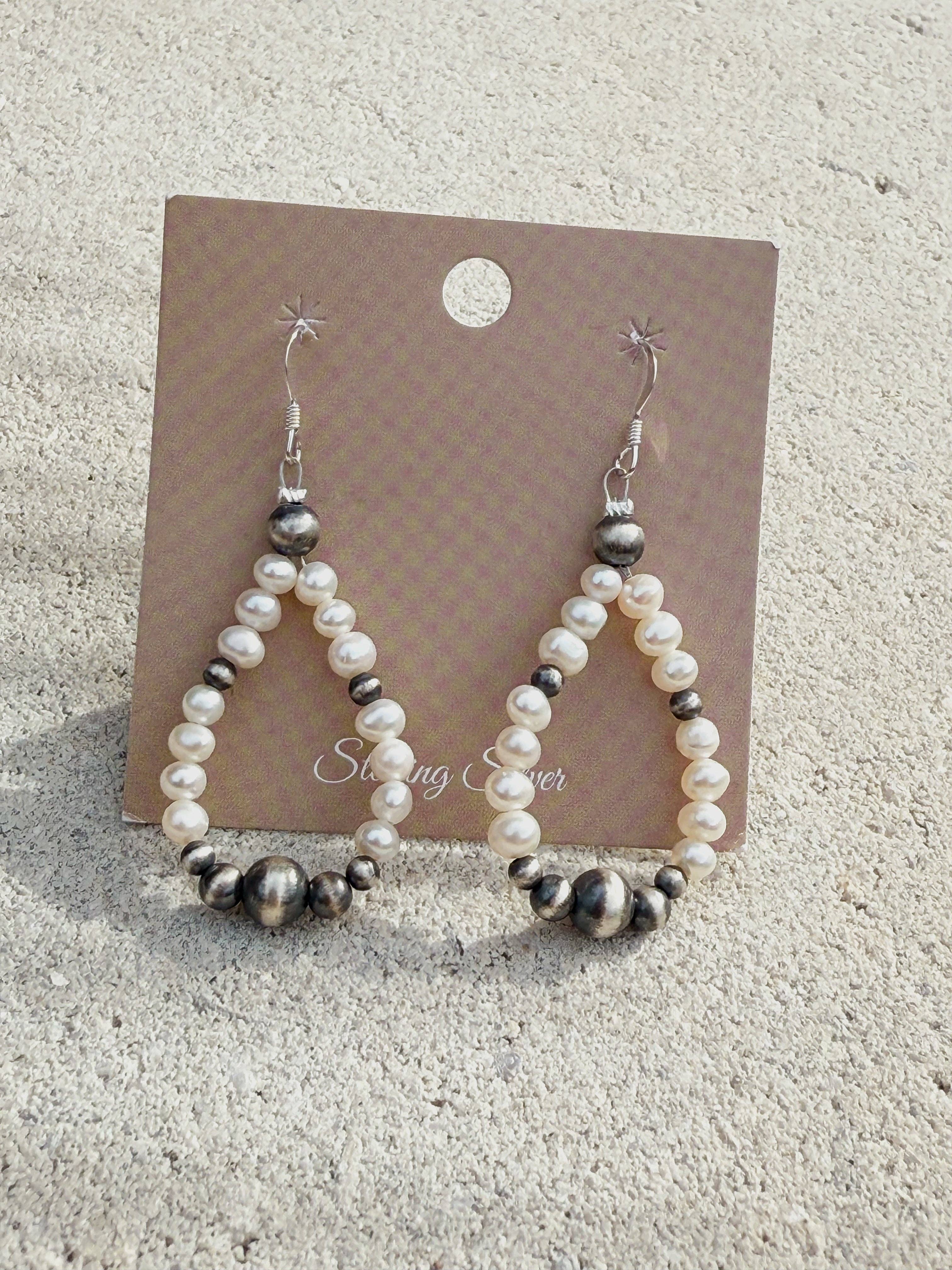 Cultured and Desert Pearl Sterling Silver Southwestern Design Dangle Earrings