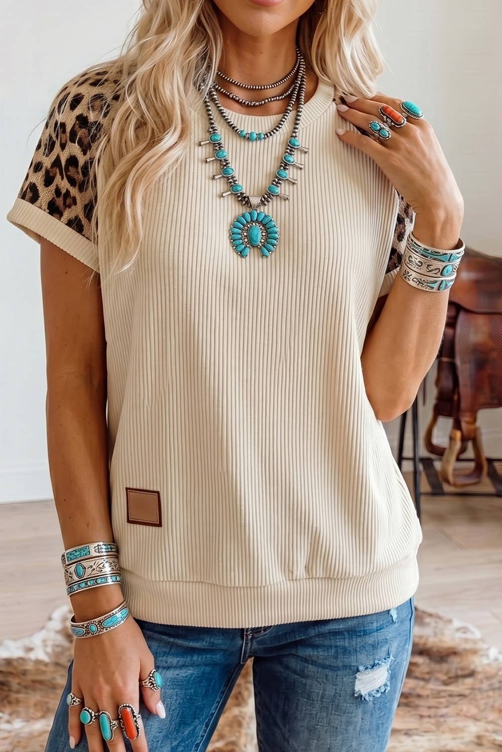 Ribbed Color Block Leopard Contrast Sleeve Loose Tee