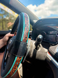 Tooled Leather Western Steering Wheel Cover – Black & Turquoise Floral – 15 Inch Universal Fit