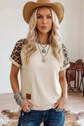 Ribbed Color Block Leopard Contrast Sleeve Loose Tee