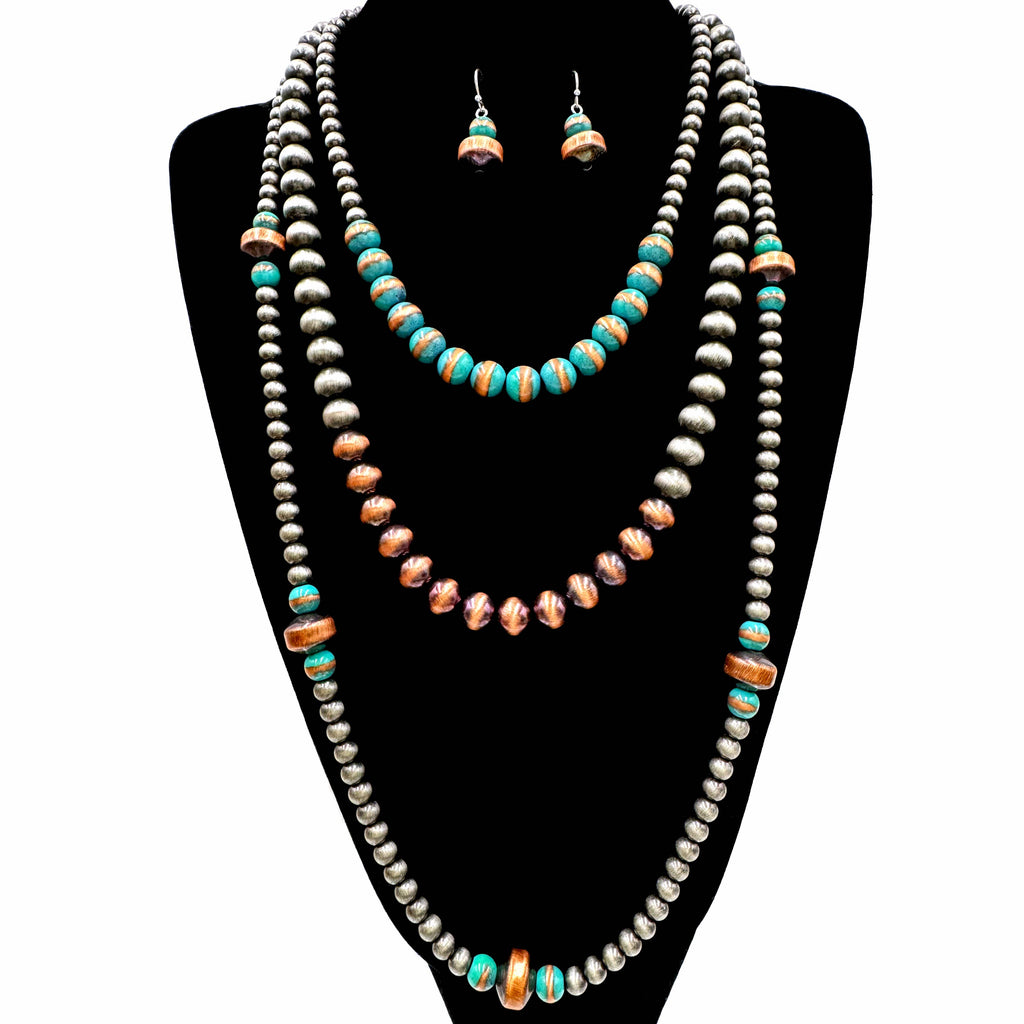 Navajo Beads Three Layer Necklace Earrings Set