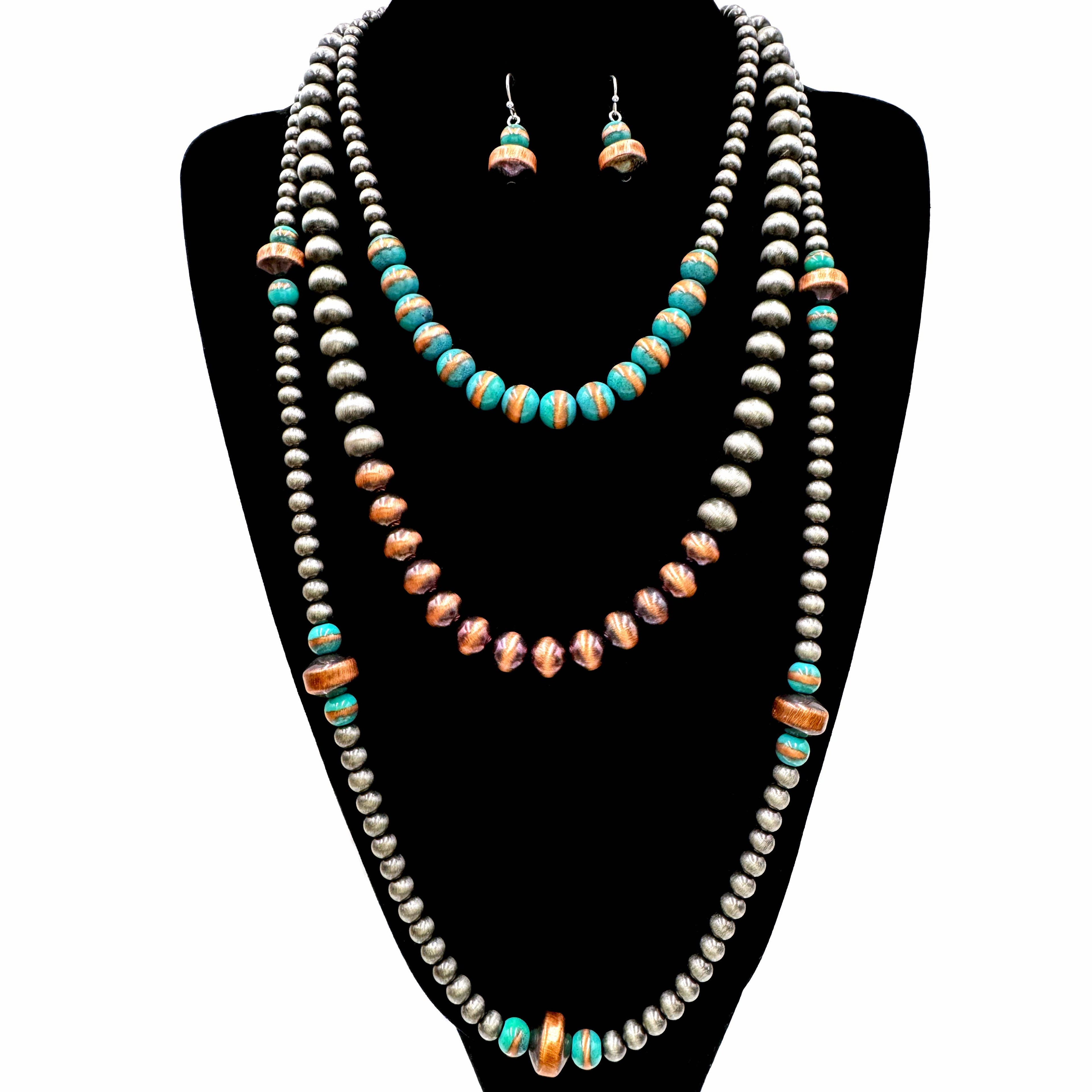 Navajo Beads Three Layer Necklace Earrings Set