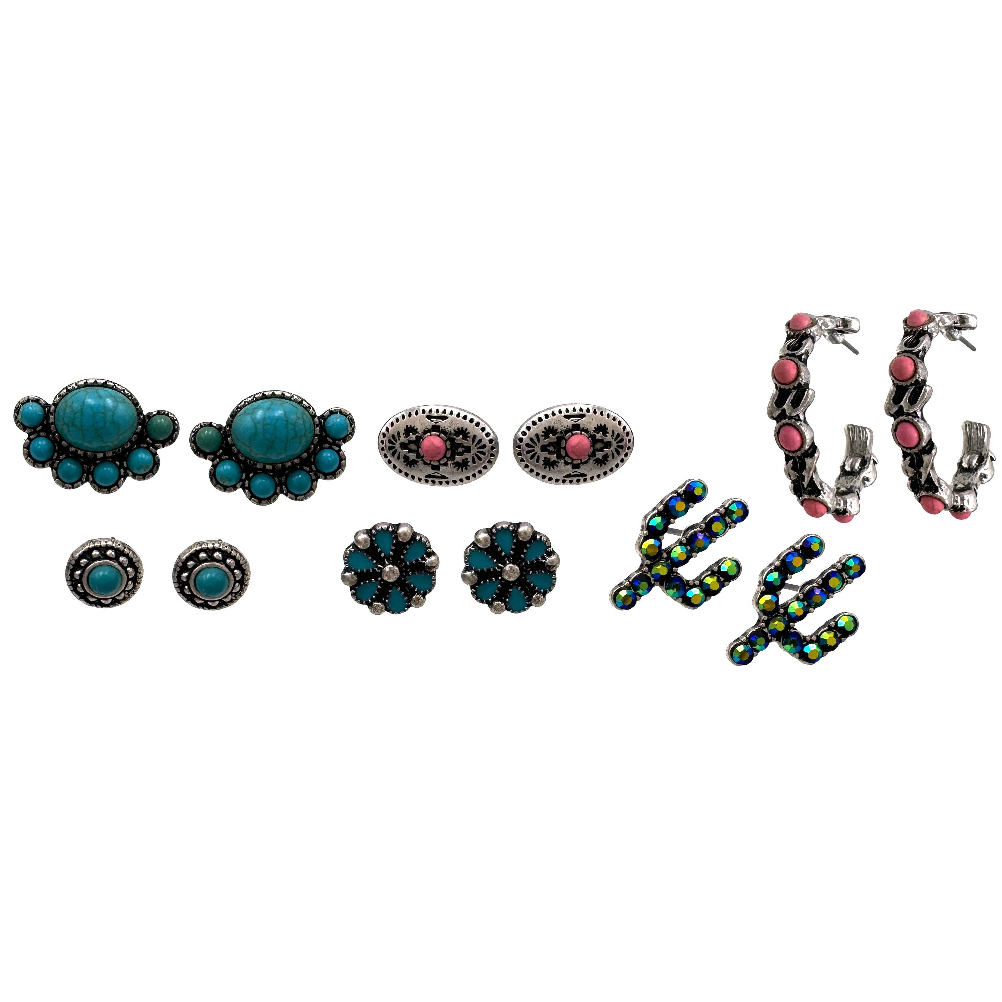 Turquoise and Pink Cactus Western 6 Piece Earrings