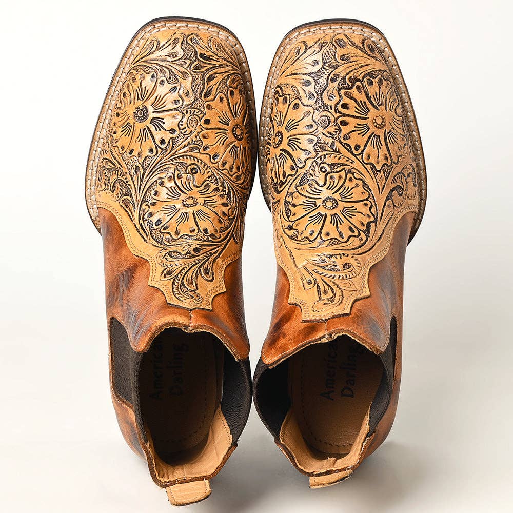 Hand Tooled Genuine Western Leather Riding Ankle Boot