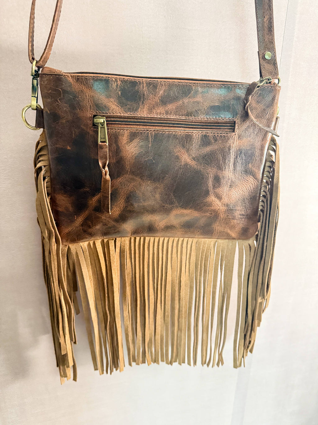 The Feral Grace | Embossed Tooling Style Turquoise Full Grain Leather Fringe Crossbody