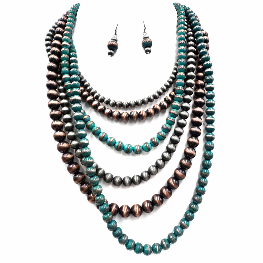 Navajo Bead Turquoise Silver Layer Five Necklace Earrings Set