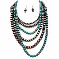 Navajo Bead Turquoise Silver Layer Five Necklace Earrings Set