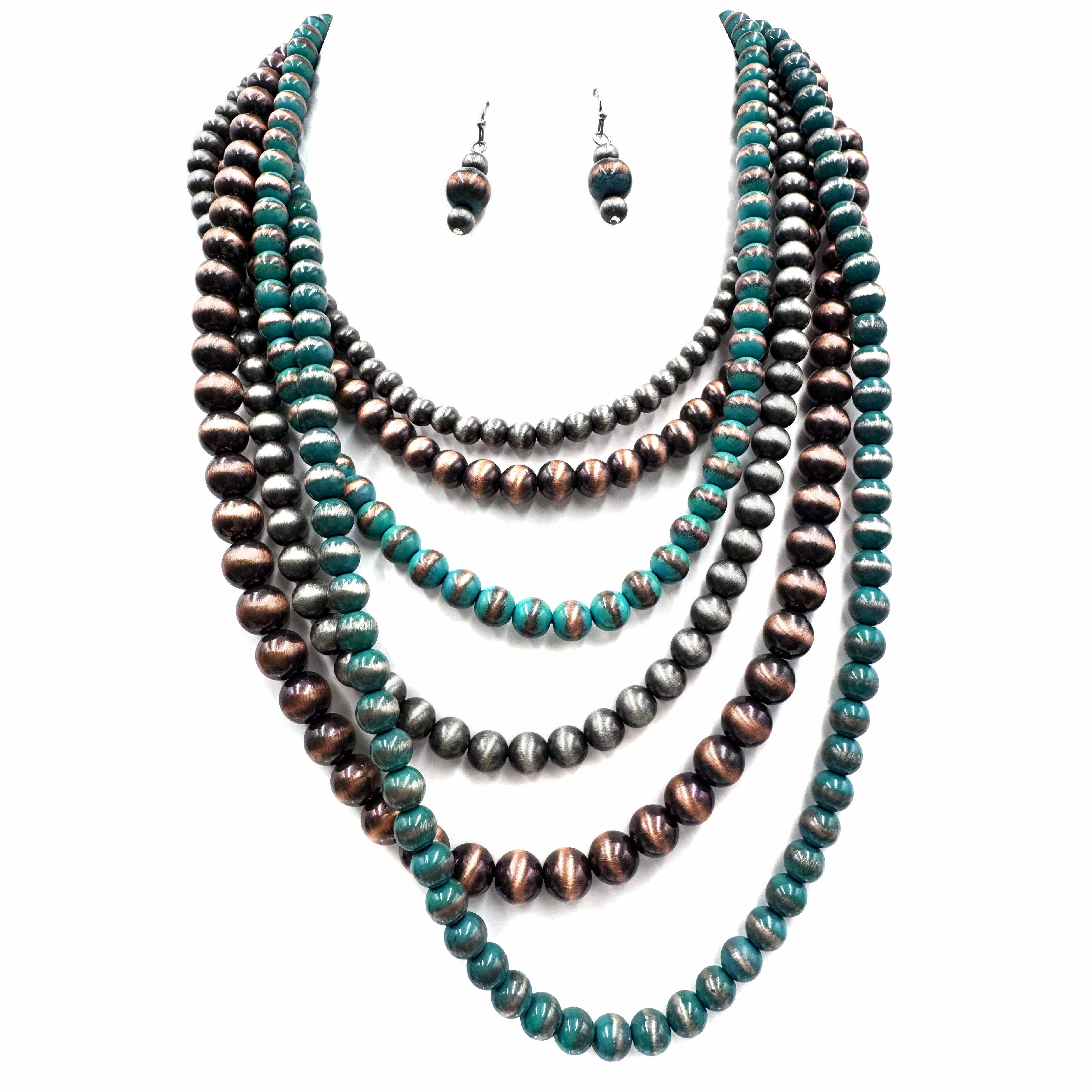 Navajo Bead Turquoise Silver Layer Five Necklace Earrings Set