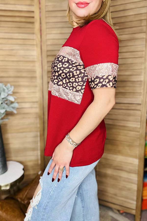 Red & leopard & sequin short sleeve women t-shirt GJQ16250