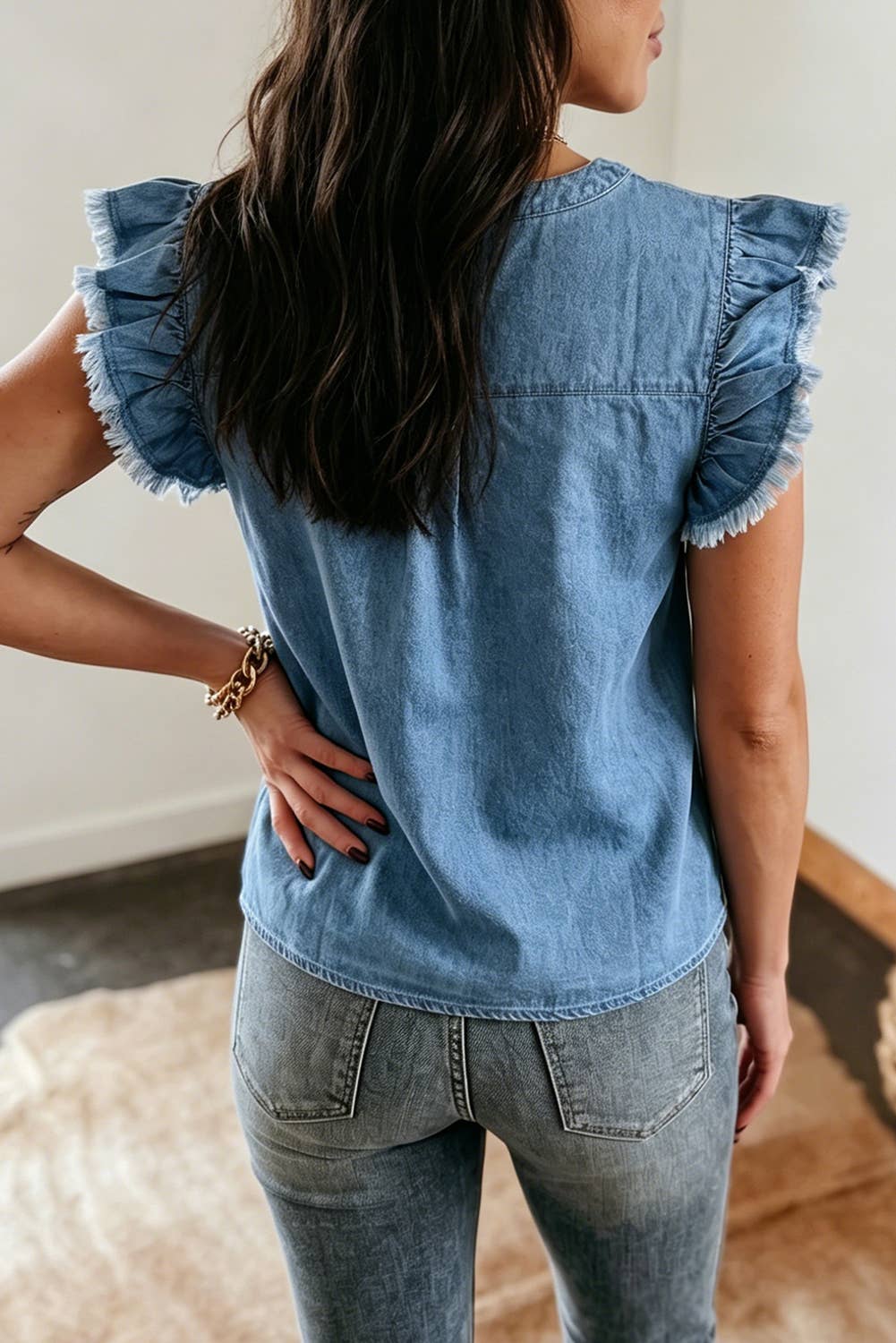 Western Summer Frilled Collar Flutter Sleeve Denim Top