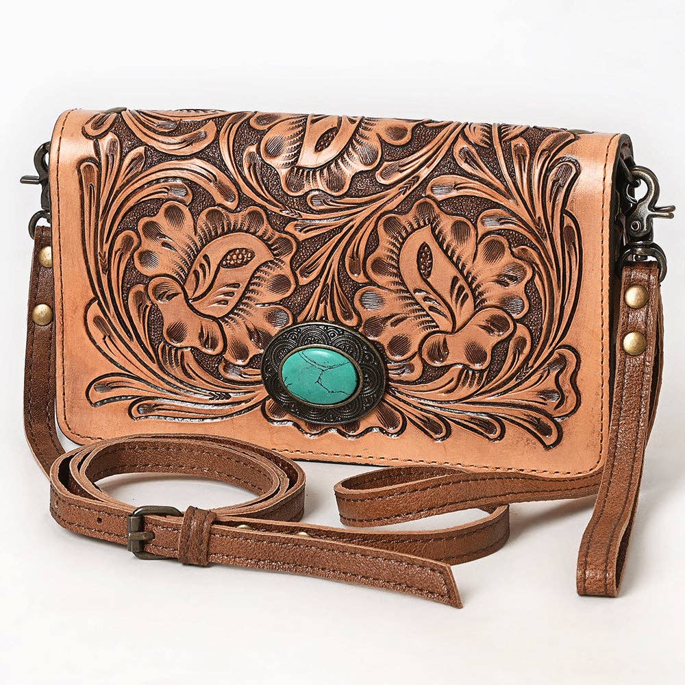 Hand Tooled Floral Leather Western Organiser Bag with Concho