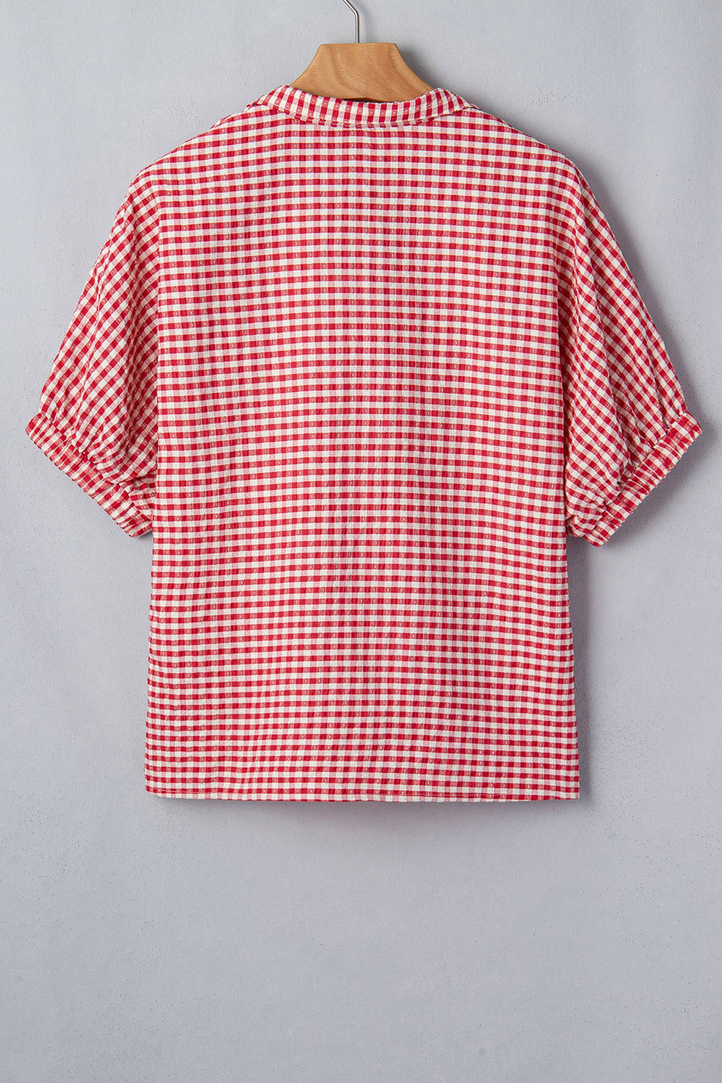 Gingham Short Sleeve Colorblock Trim Split Neck Top (S-XL)