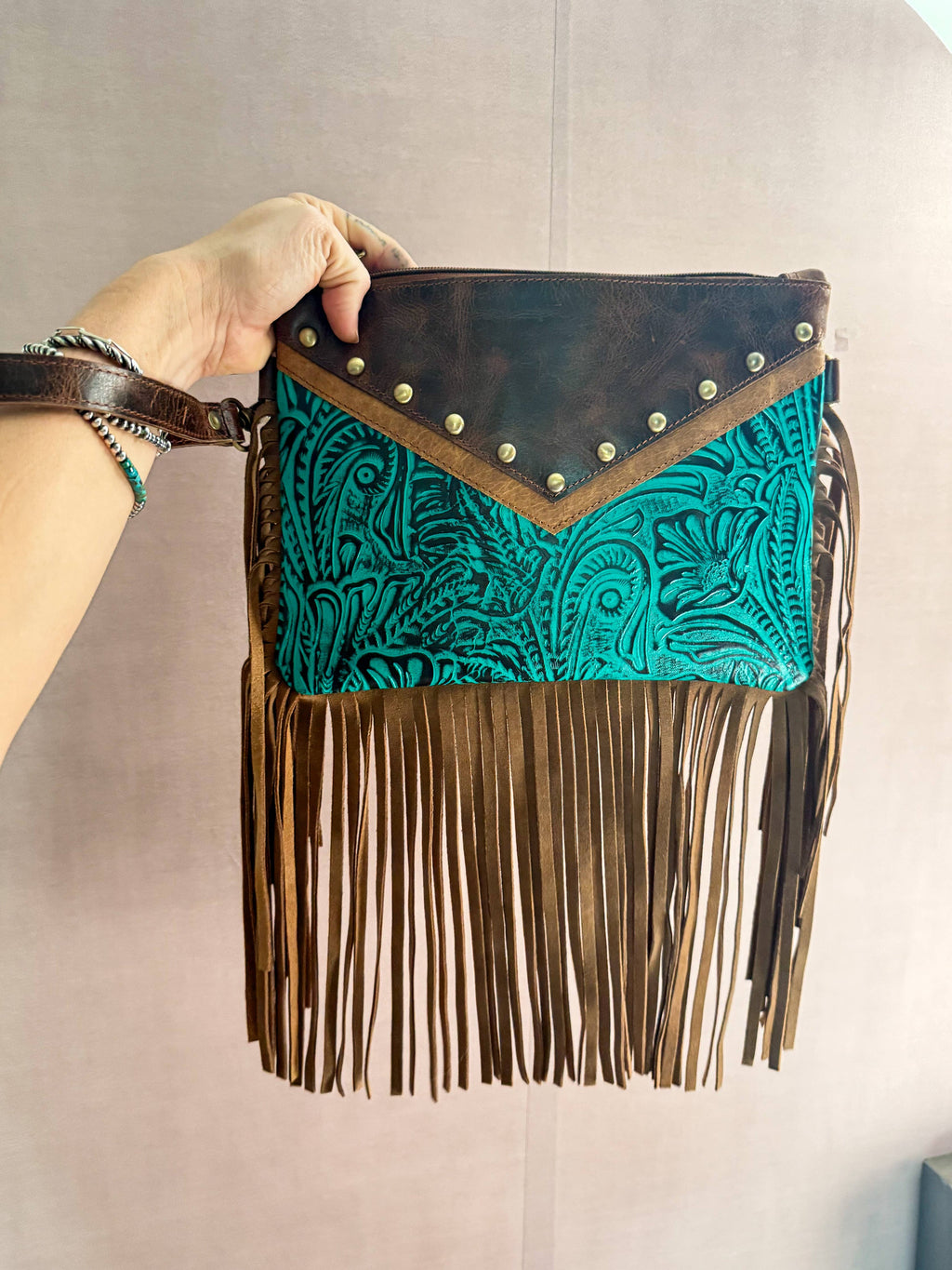 The Feral Grace | Embossed Tooling Style Turquoise Full Grain Leather Fringe Crossbody