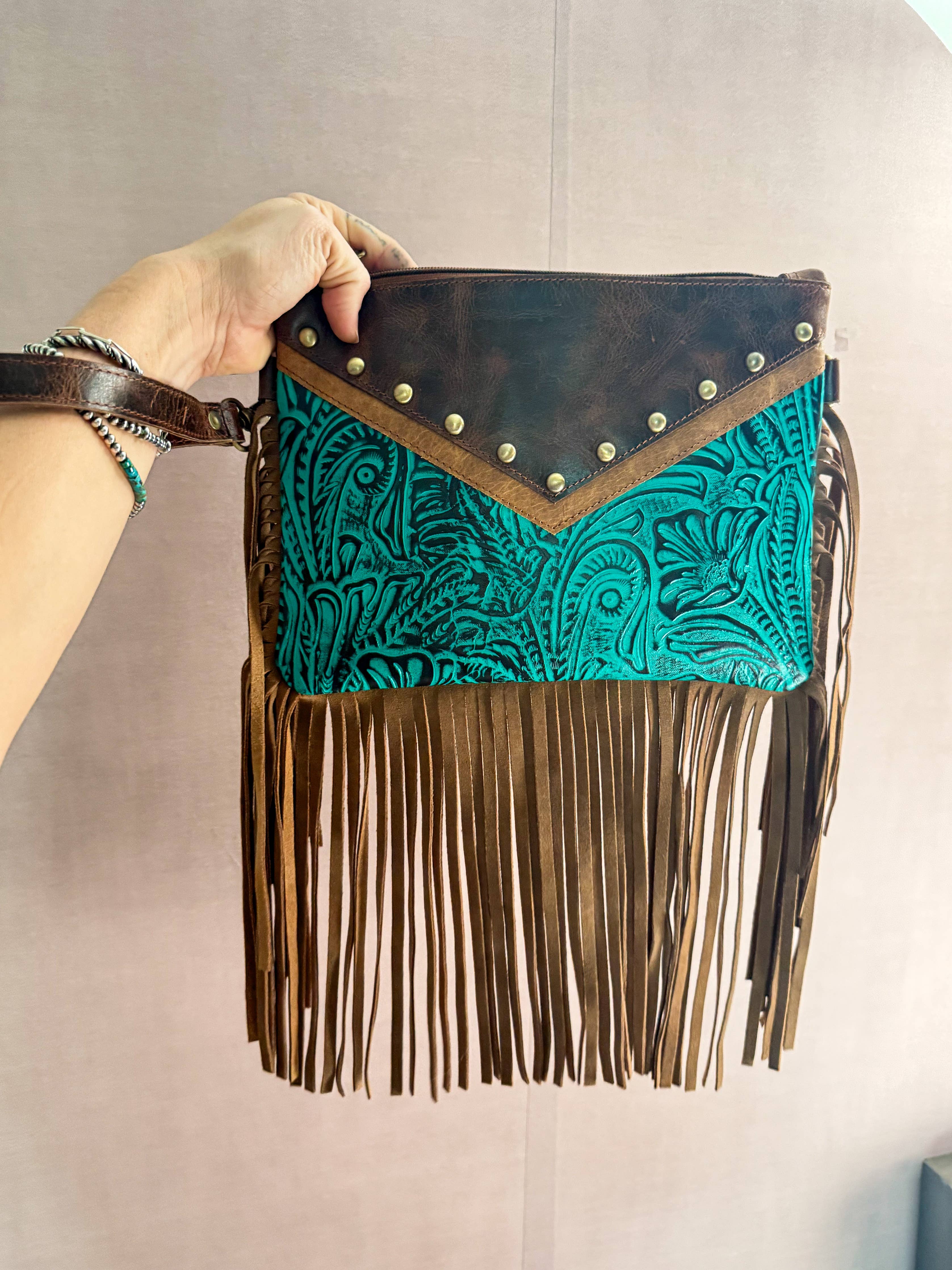 The Feral Grace | Embossed Tooling Style Turquoise Full Grain Leather Fringe Crossbody