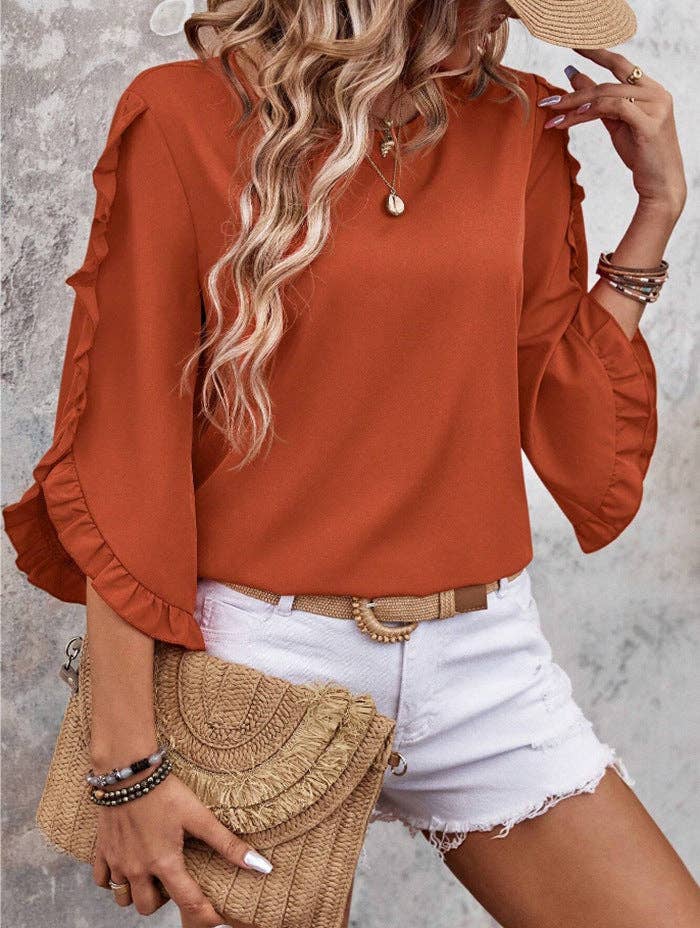 Women’s Solid Ruffle Sleeve Loose Fit Summer Blouse