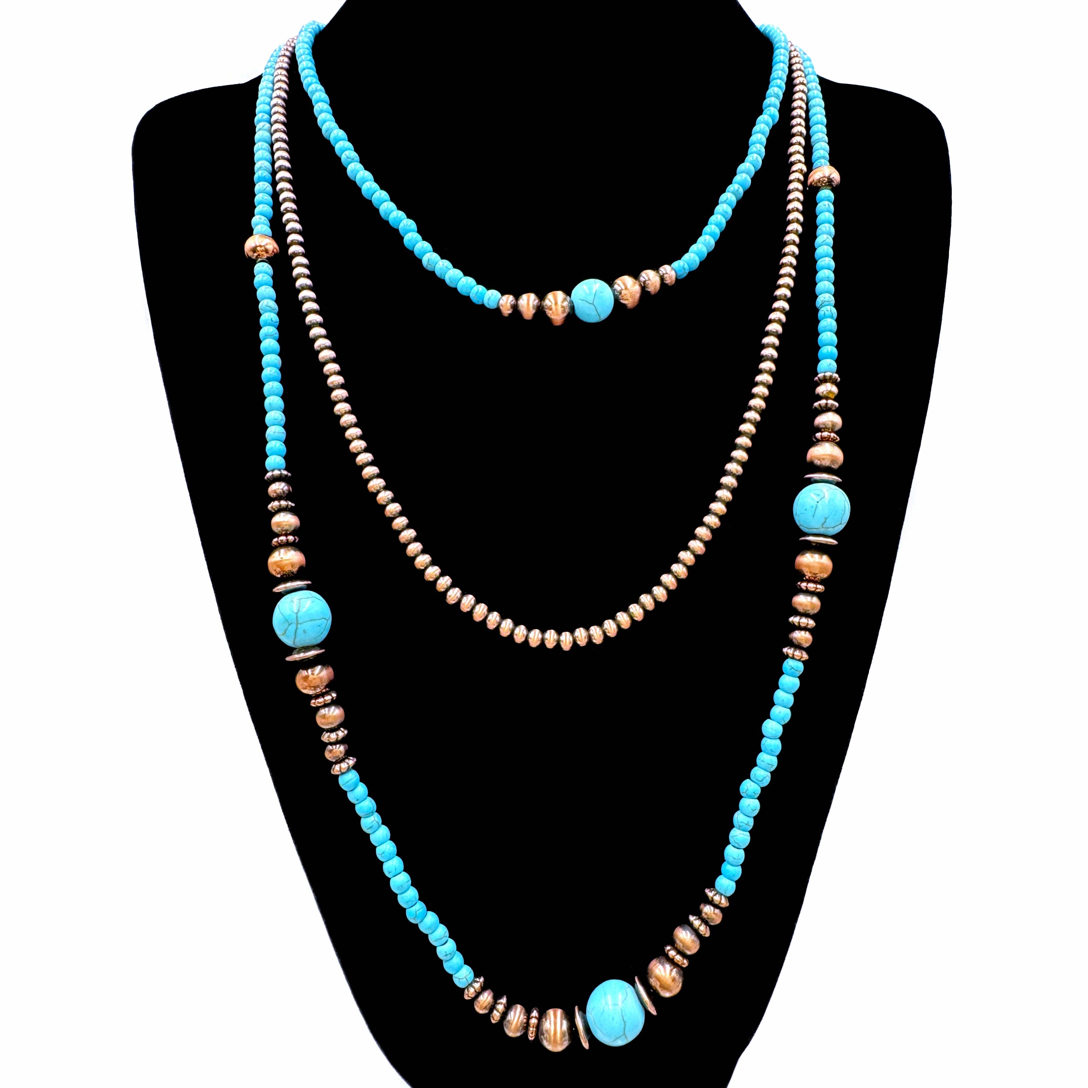 Three Strand Turquoise Stone Beads Navajo Long Necklace