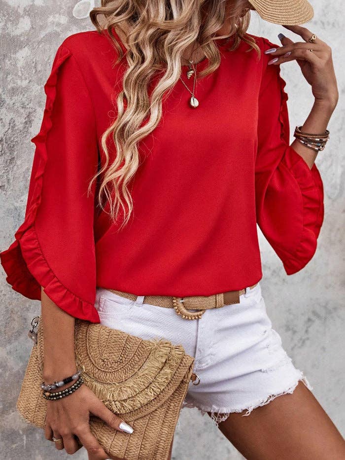 Women’s Solid Ruffle Sleeve Loose Fit Summer Blouse