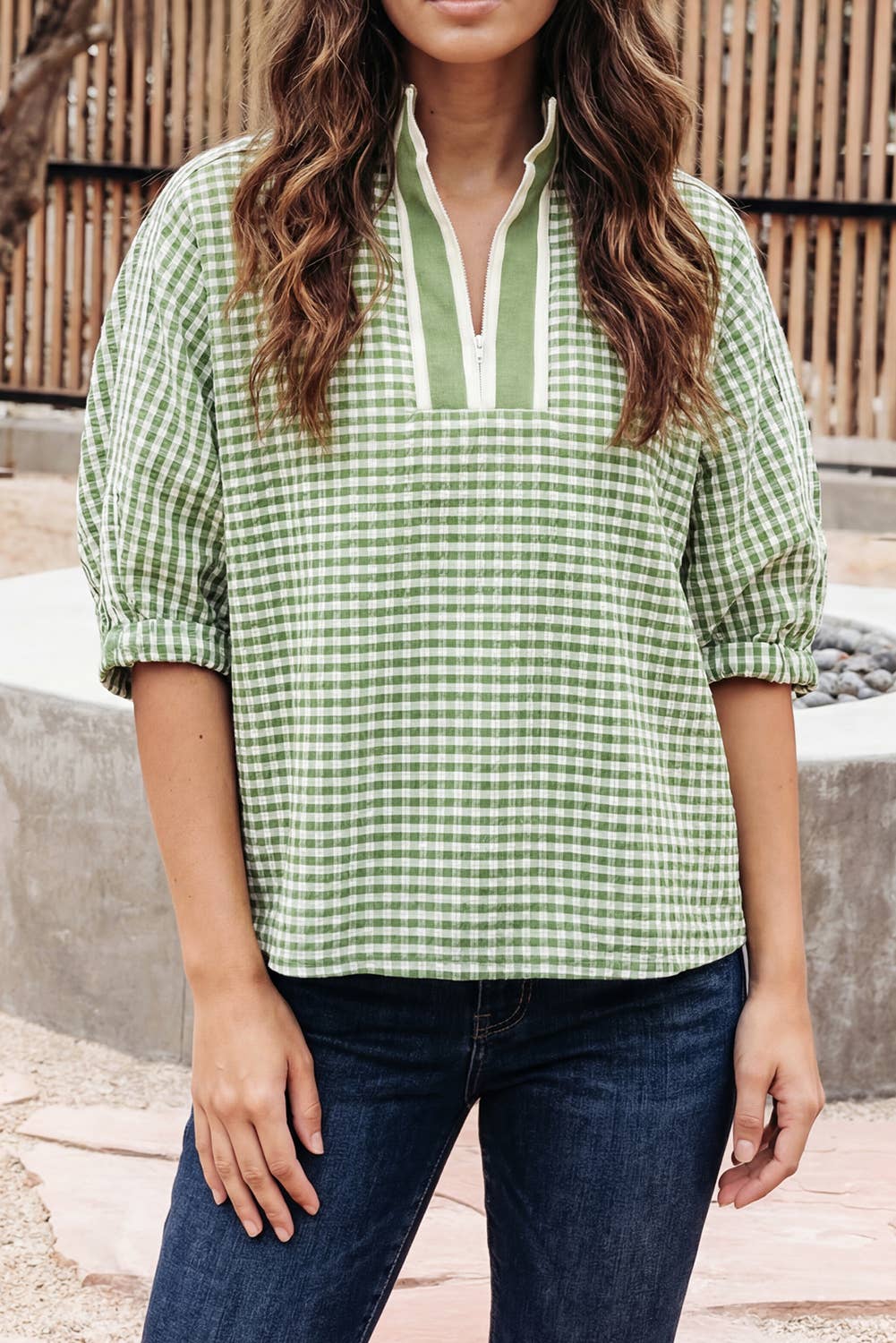 Gingham Short Sleeve Colorblock Trim Split Neck Top (S-XL)