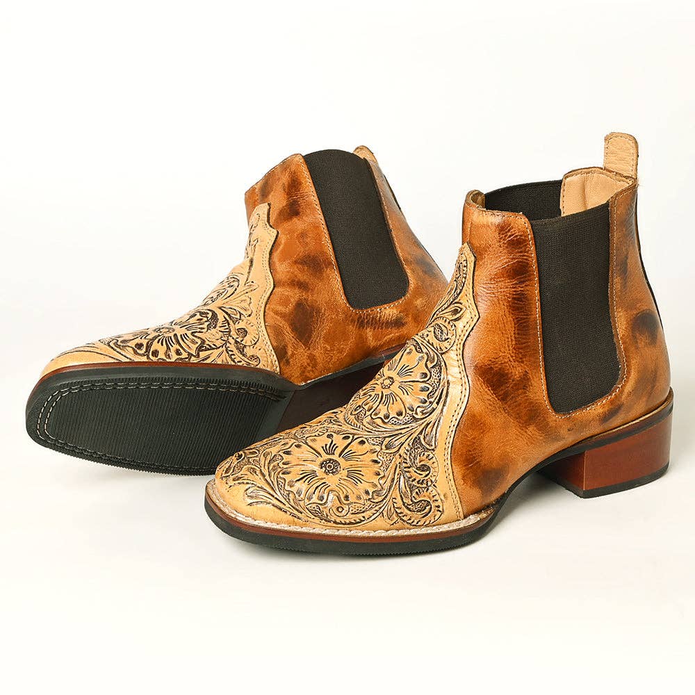 Hand Tooled Genuine Western Leather Riding Ankle Boot