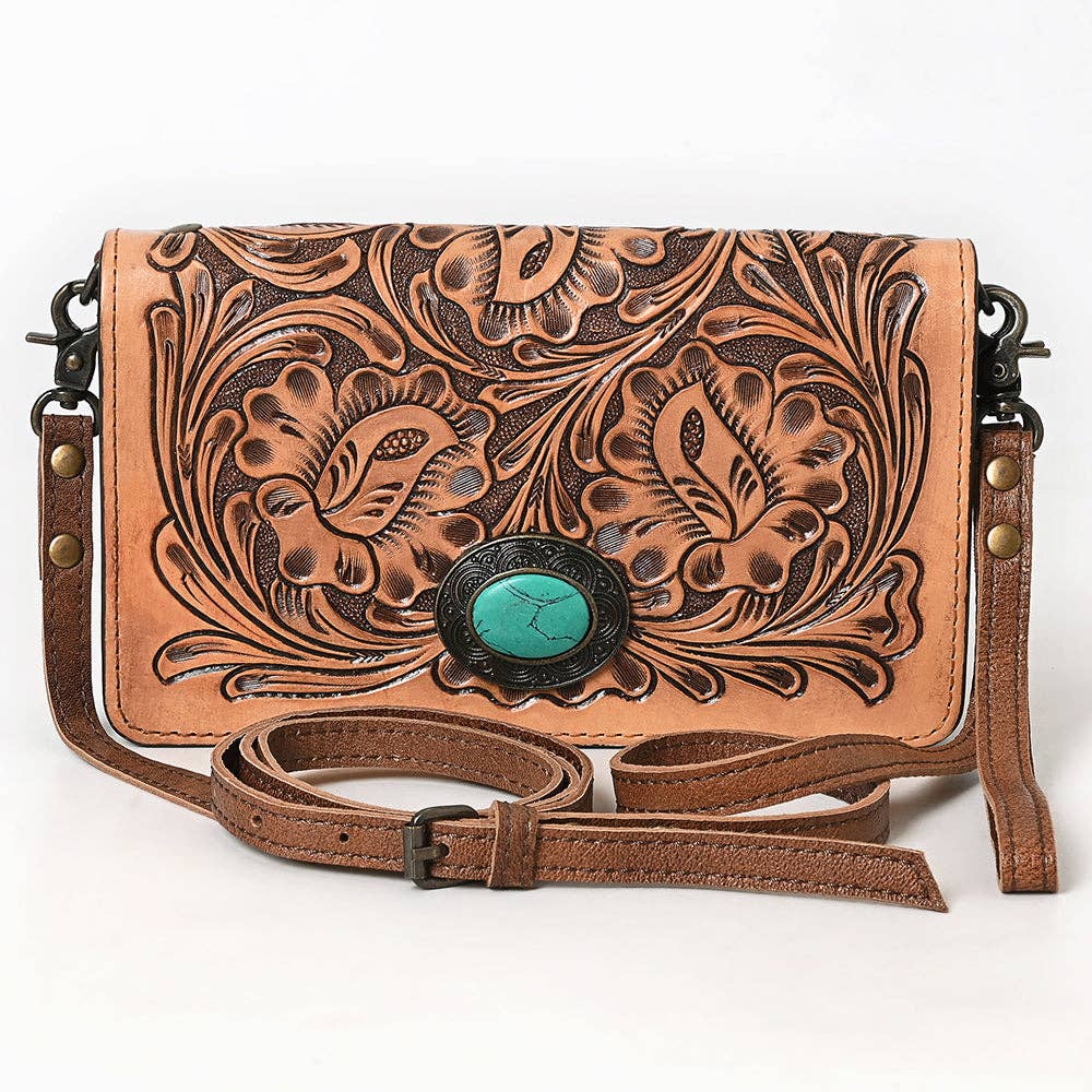 Hand Tooled Floral Leather Western Organiser Bag with Concho