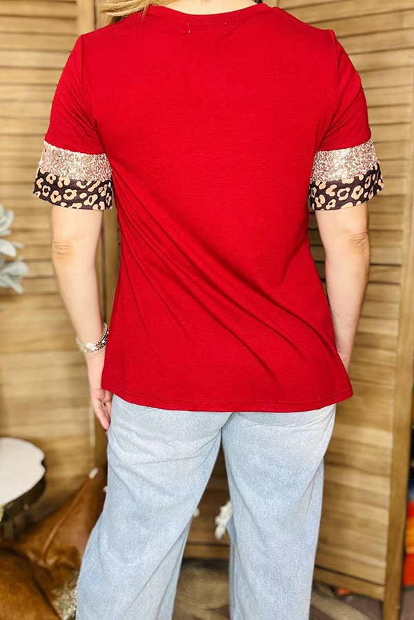 Red & leopard & sequin short sleeve women t-shirt GJQ16250