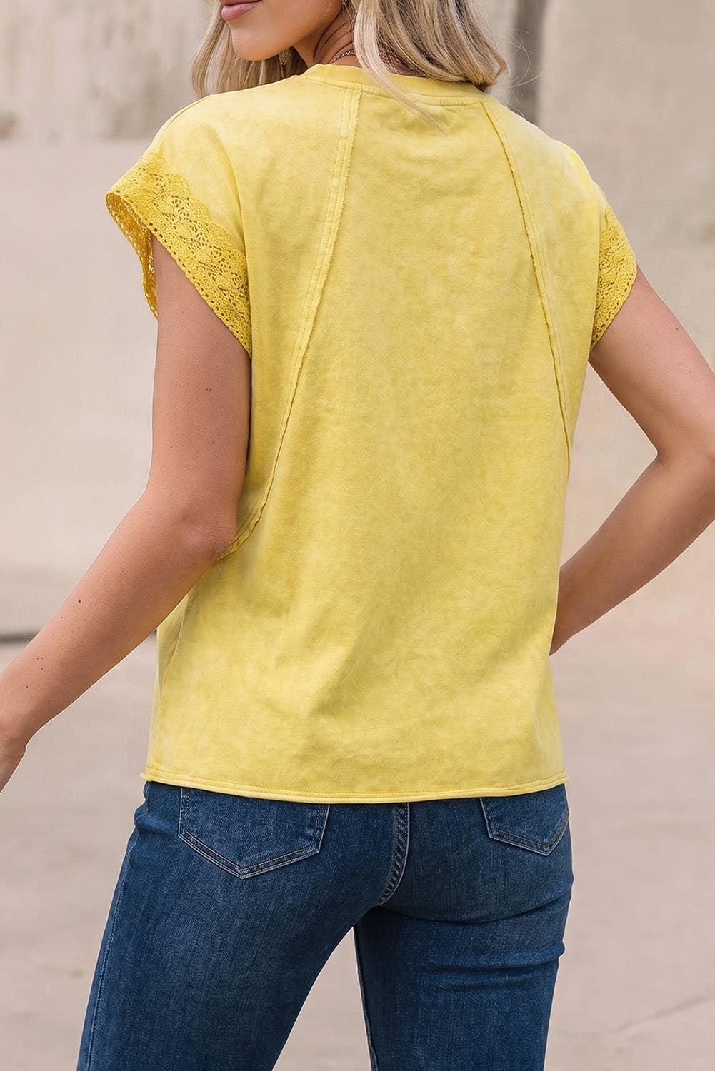 Solid Mineral Wash Raw Seam Detail Lace Trim Cap Sleeve Top