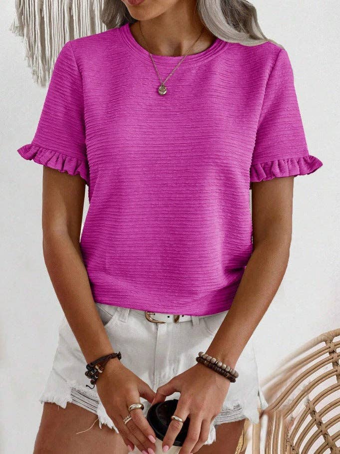 Women’s Ruffle Sleeve Textured Round Neck Casual Top