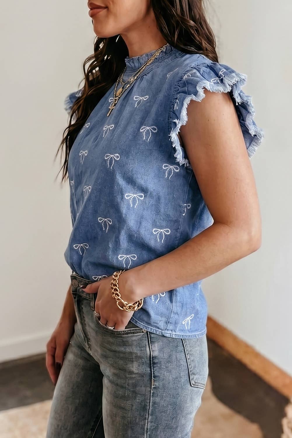 Western Summer Frilled Collar Flutter Sleeve Denim Top