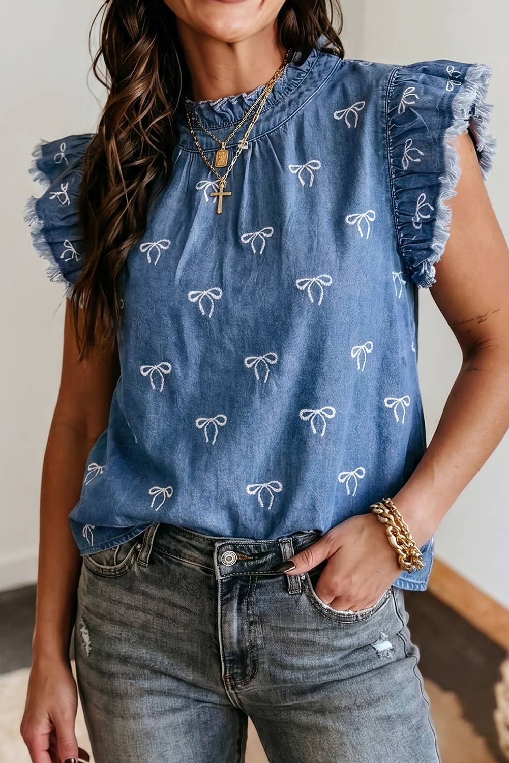 Western Summer Frilled Collar Flutter Sleeve Denim Top