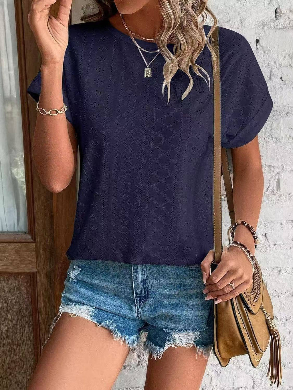 Solid Eyelet Short Sleeve Tee Loose Fit Casual Top
