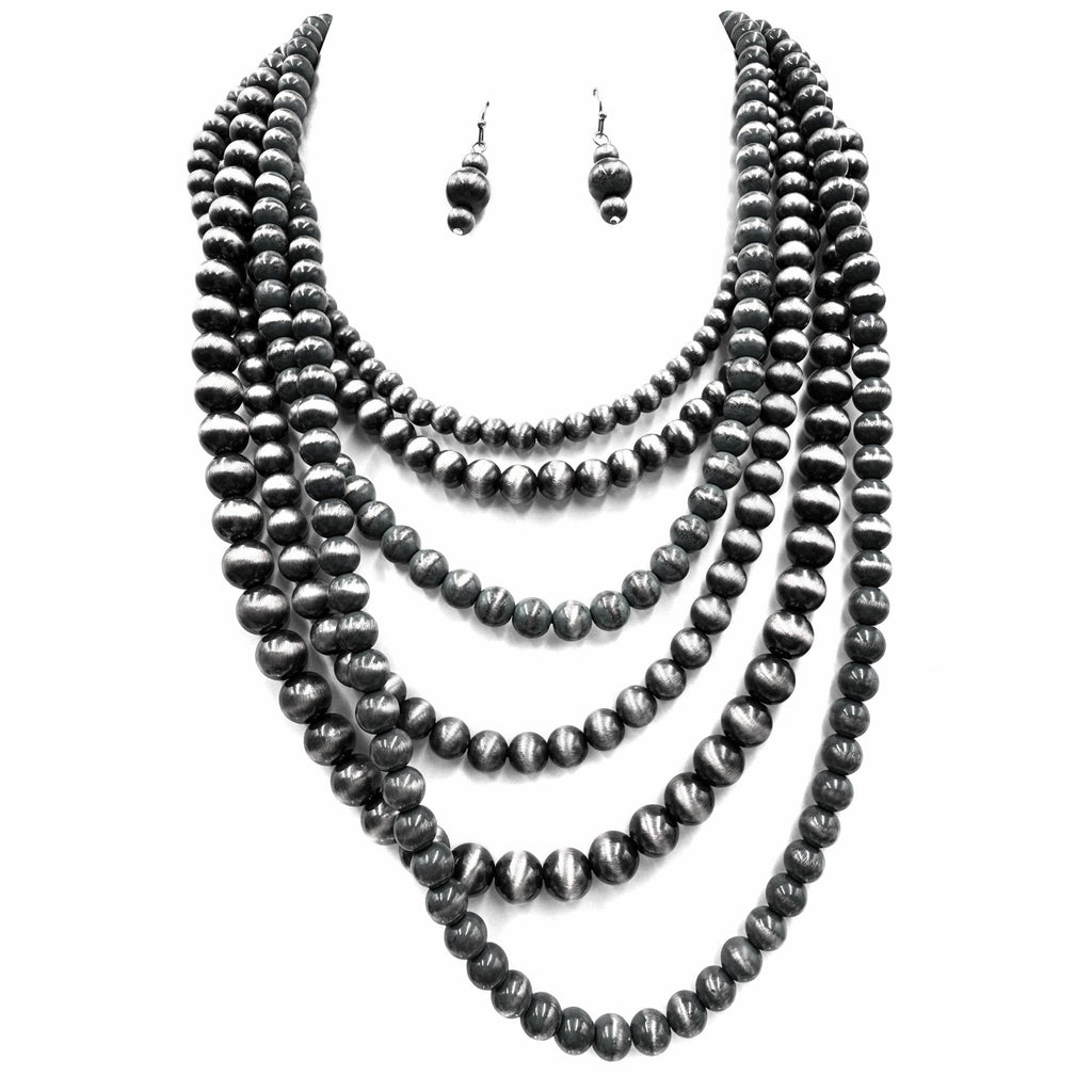 Navajo Bead Turquoise Silver Layer Five Necklace Earrings Set