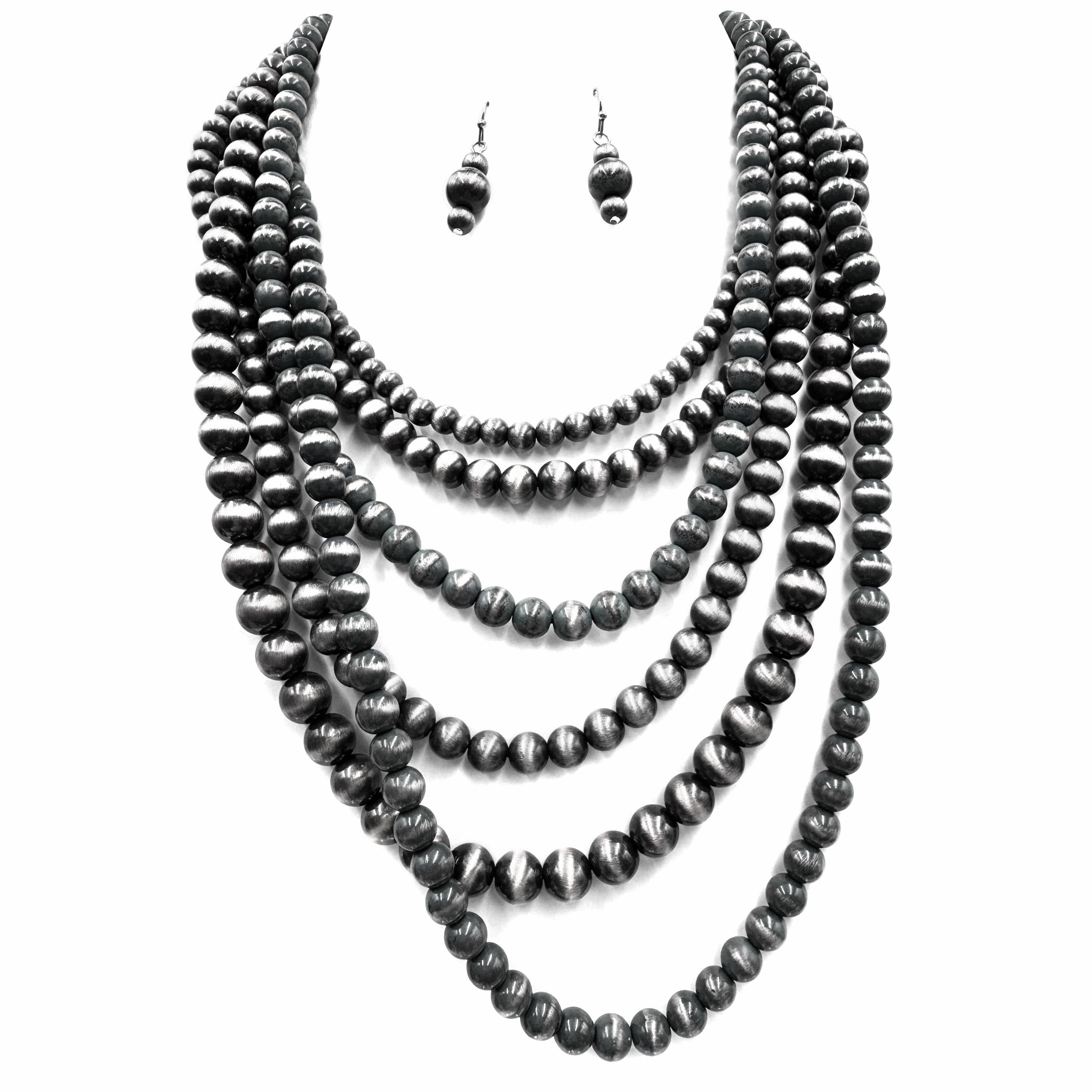 Navajo Bead Turquoise Silver Layer Five Necklace Earrings Set