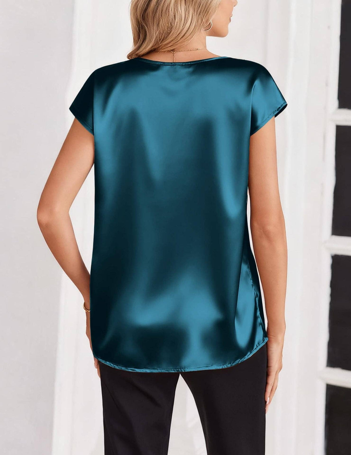Satin V-Neck Short Sleeve Top Elegant Work & Casual Blouse
