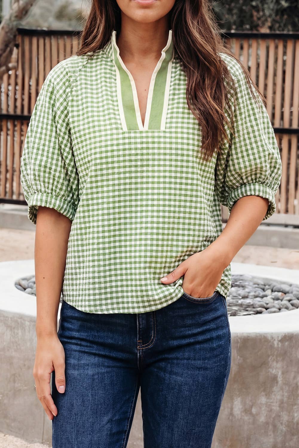 Gingham Short Sleeve Colorblock Trim Split Neck Top (S-XL)