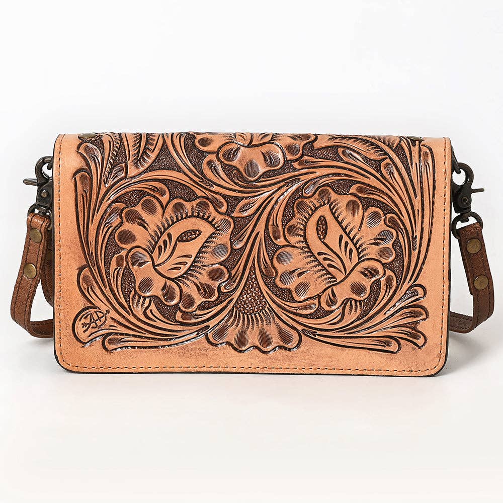 Hand Tooled Floral Leather Western Organiser Bag with Concho