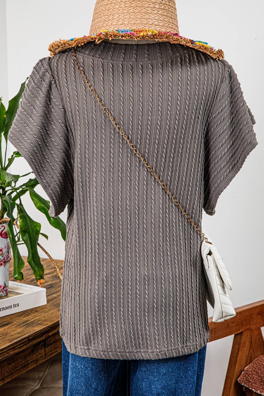 Fashion-W Summer Solid Color Textured Flutter Sleeve Top