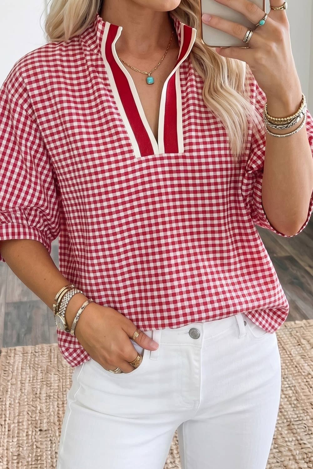 Gingham Short Sleeve Colorblock Trim Split Neck Top (S-XL)