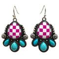 Checkered Print Western Teardrop Flower Earrings