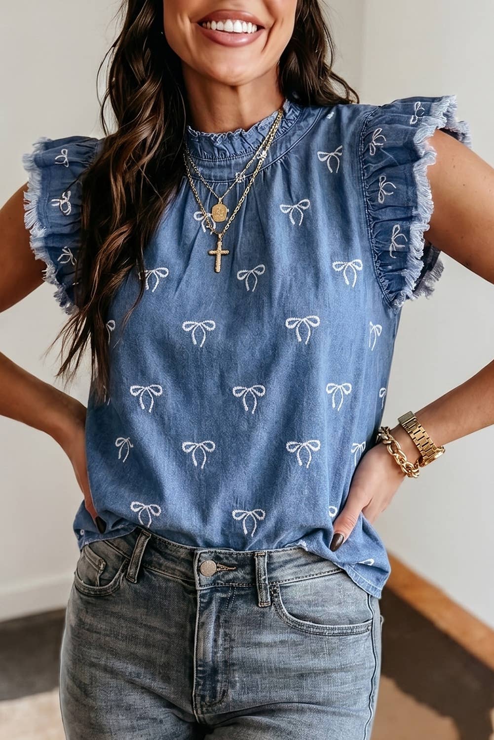 Western Summer Frilled Collar Flutter Sleeve Denim Top