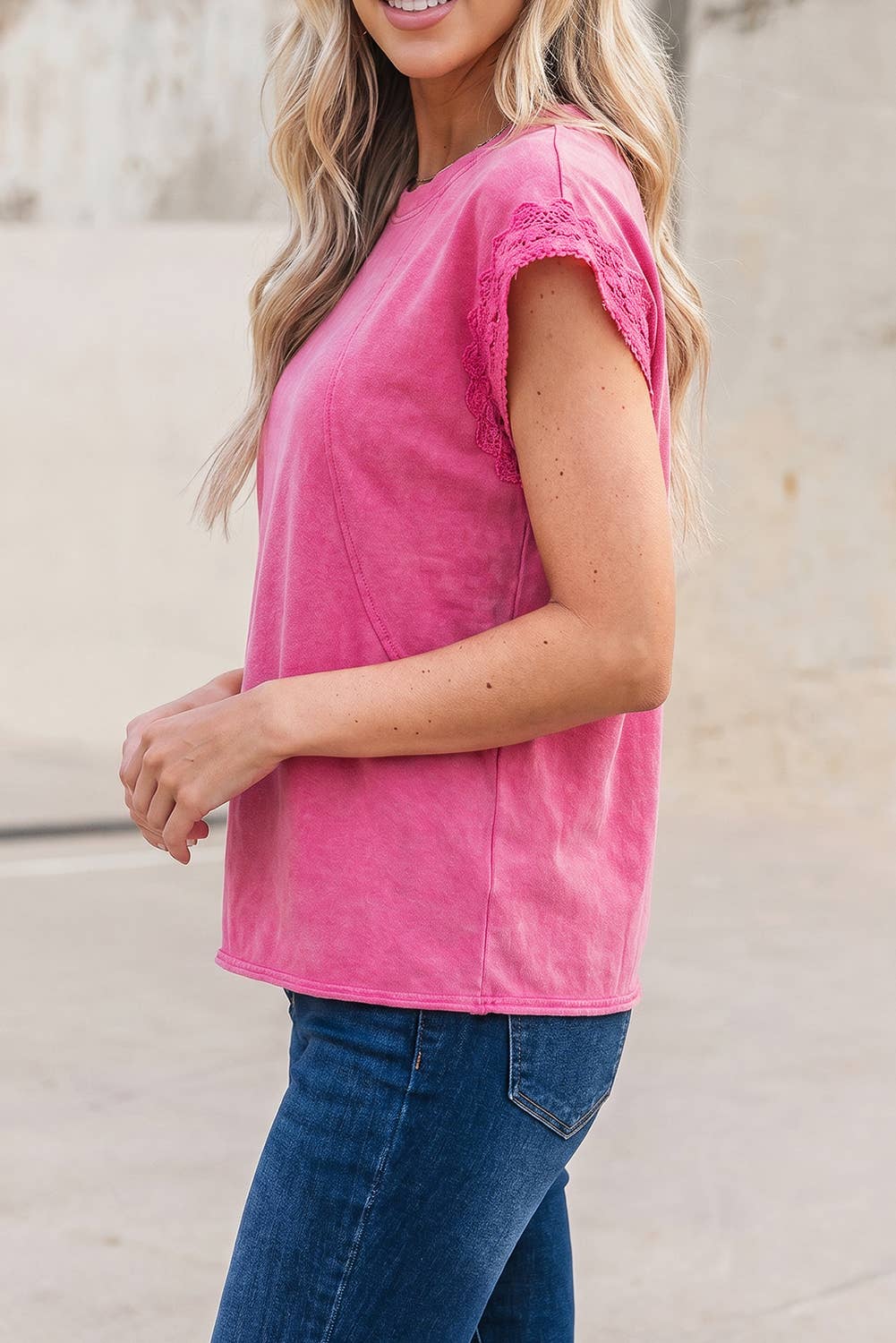 Solid Mineral Wash Raw Seam Detail Lace Trim Cap Sleeve Top