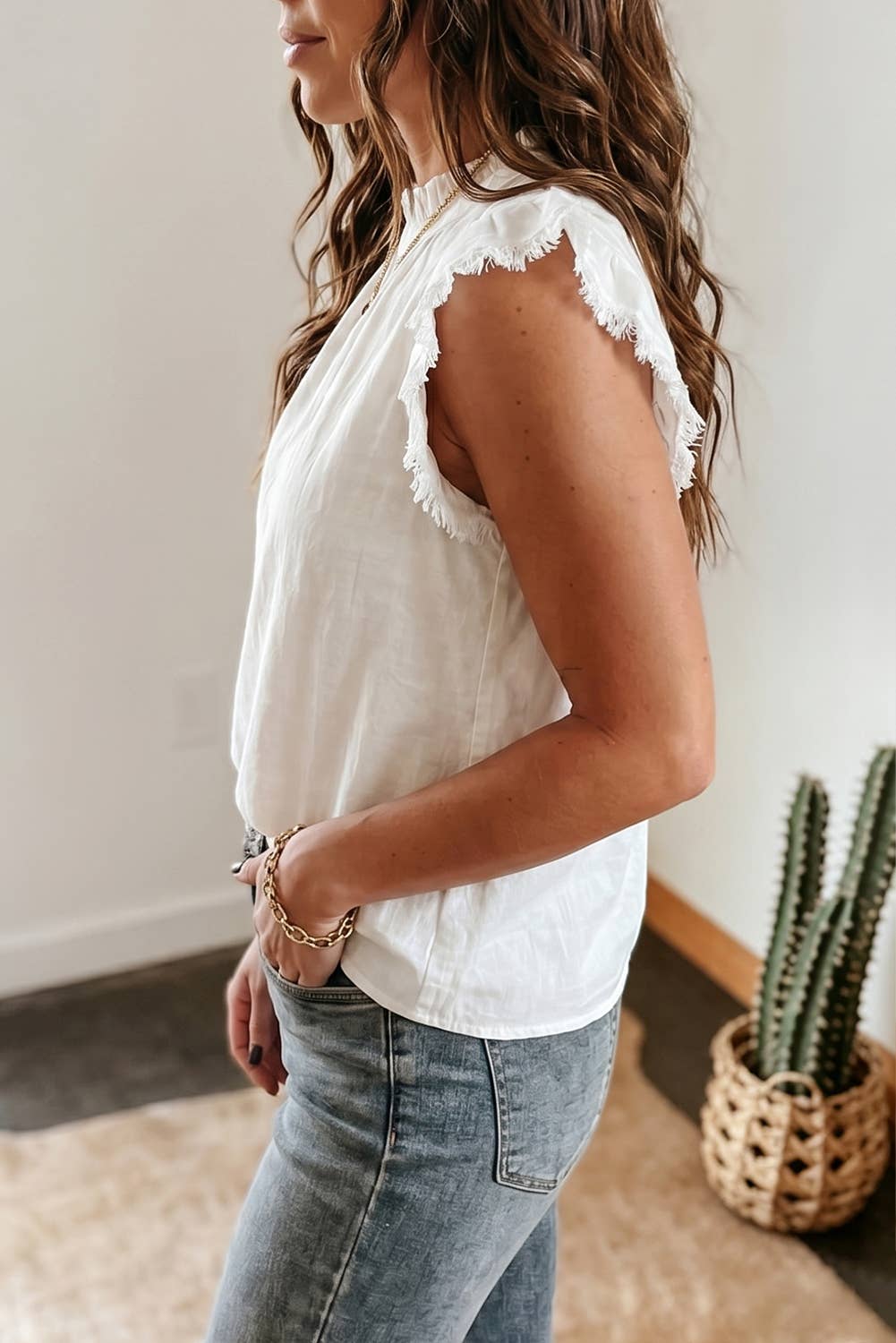 Western Summer Frilled Collar Flutter Sleeve Denim Top